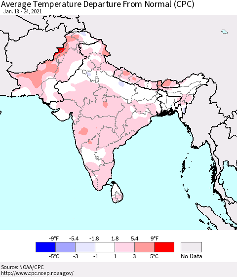 Southern Asia Average Temperature Departure from Normal (CPC) Thematic Map For 1/18/2021 - 1/24/2021
