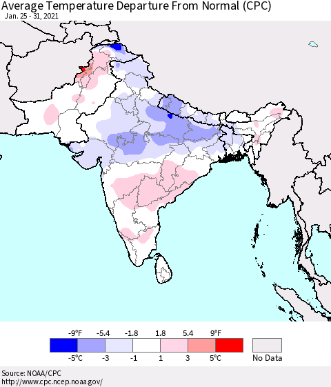 Southern Asia Average Temperature Departure from Normal (CPC) Thematic Map For 1/25/2021 - 1/31/2021