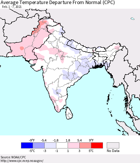 Southern Asia Average Temperature Departure from Normal (CPC) Thematic Map For 2/1/2021 - 2/7/2021