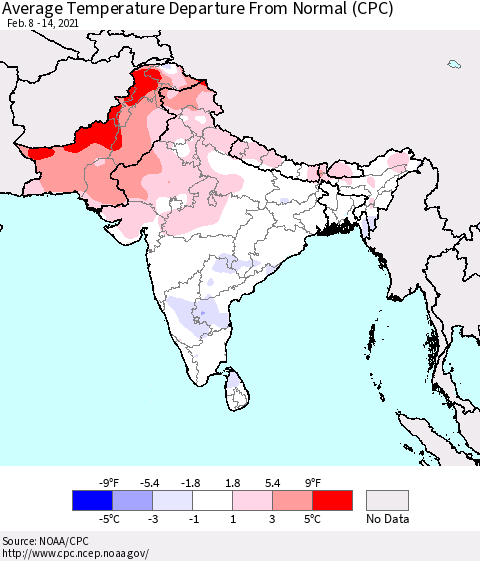 Southern Asia Average Temperature Departure from Normal (CPC) Thematic Map For 2/8/2021 - 2/14/2021