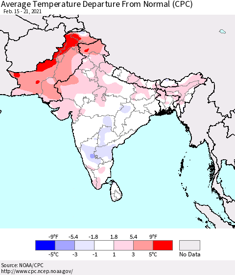Southern Asia Average Temperature Departure from Normal (CPC) Thematic Map For 2/15/2021 - 2/21/2021