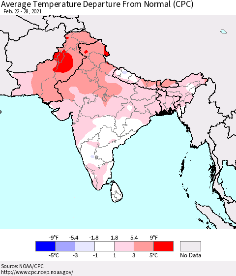 Southern Asia Average Temperature Departure from Normal (CPC) Thematic Map For 2/22/2021 - 2/28/2021