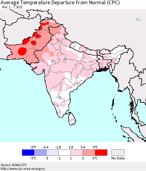 Southern Asia Average Temperature Departure from Normal (CPC) Thematic Map For 3/1/2021 - 3/7/2021
