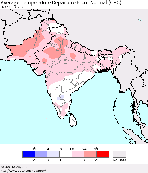 Southern Asia Average Temperature Departure from Normal (CPC) Thematic Map For 3/8/2021 - 3/14/2021