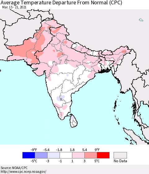 Southern Asia Average Temperature Departure from Normal (CPC) Thematic Map For 3/15/2021 - 3/21/2021