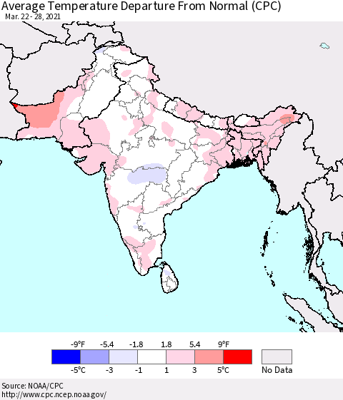 Southern Asia Average Temperature Departure from Normal (CPC) Thematic Map For 3/22/2021 - 3/28/2021