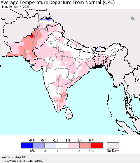 Southern Asia Average Temperature Departure from Normal (CPC) Thematic Map For 3/29/2021 - 4/4/2021