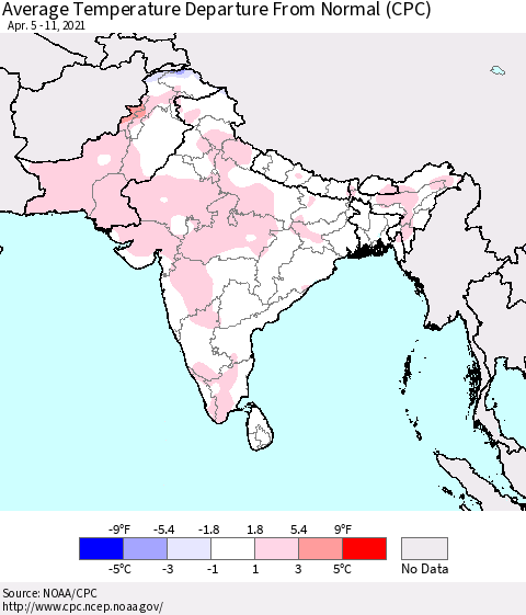 Southern Asia Average Temperature Departure from Normal (CPC) Thematic Map For 4/5/2021 - 4/11/2021