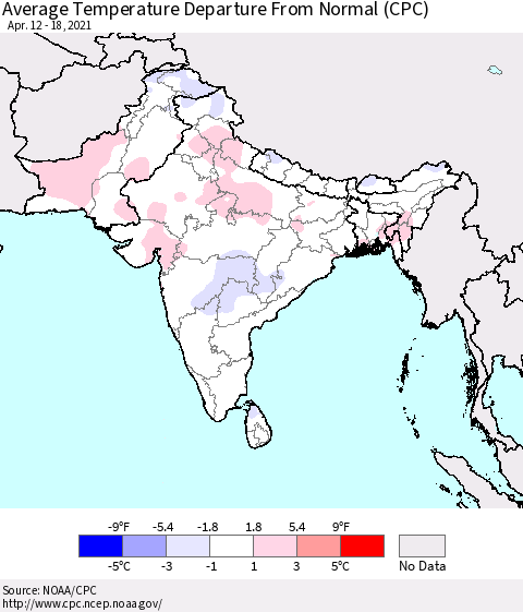 Southern Asia Average Temperature Departure from Normal (CPC) Thematic Map For 4/12/2021 - 4/18/2021