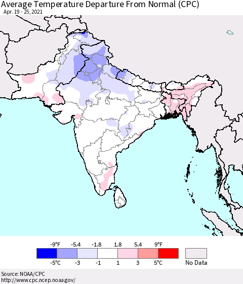 Southern Asia Average Temperature Departure from Normal (CPC) Thematic Map For 4/19/2021 - 4/25/2021