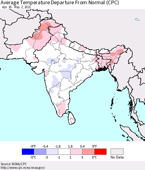 Southern Asia Average Temperature Departure from Normal (CPC) Thematic Map For 4/26/2021 - 5/2/2021