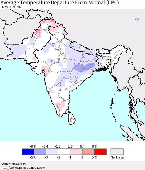 Southern Asia Average Temperature Departure from Normal (CPC) Thematic Map For 5/3/2021 - 5/9/2021