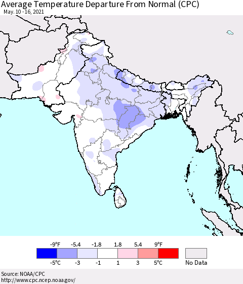 Southern Asia Average Temperature Departure from Normal (CPC) Thematic Map For 5/10/2021 - 5/16/2021