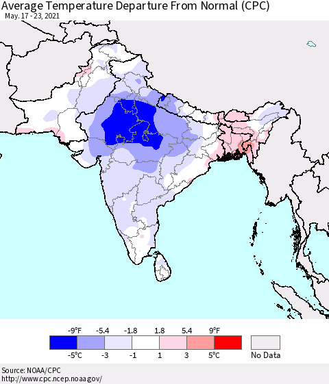 Southern Asia Average Temperature Departure from Normal (CPC) Thematic Map For 5/17/2021 - 5/23/2021