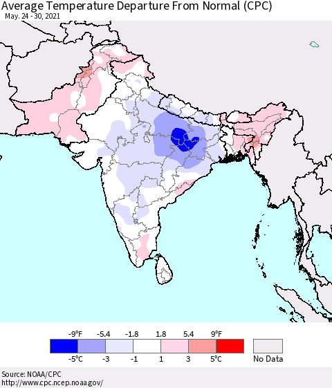 Southern Asia Average Temperature Departure from Normal (CPC) Thematic Map For 5/24/2021 - 5/30/2021