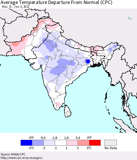 Southern Asia Average Temperature Departure from Normal (CPC) Thematic Map For 5/31/2021 - 6/6/2021