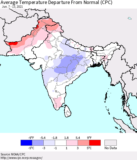 Southern Asia Average Temperature Departure from Normal (CPC) Thematic Map For 6/7/2021 - 6/13/2021