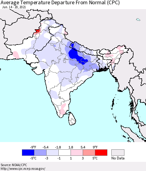 Southern Asia Average Temperature Departure from Normal (CPC) Thematic Map For 6/14/2021 - 6/20/2021