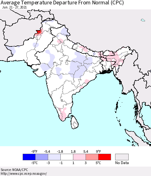 Southern Asia Average Temperature Departure from Normal (CPC) Thematic Map For 6/21/2021 - 6/27/2021