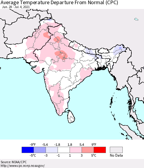 Southern Asia Average Temperature Departure from Normal (CPC) Thematic Map For 6/28/2021 - 7/4/2021