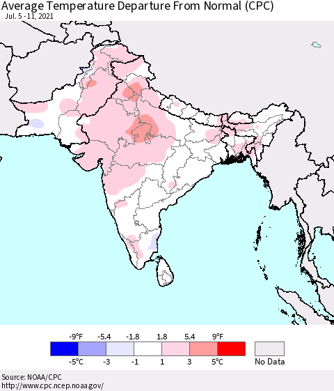 Southern Asia Average Temperature Departure from Normal (CPC) Thematic Map For 7/5/2021 - 7/11/2021