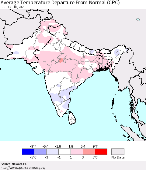 Southern Asia Average Temperature Departure from Normal (CPC) Thematic Map For 7/12/2021 - 7/18/2021