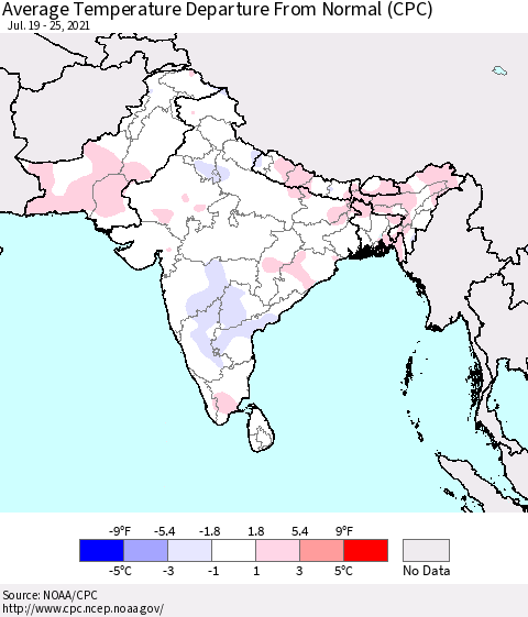 Southern Asia Average Temperature Departure from Normal (CPC) Thematic Map For 7/19/2021 - 7/25/2021