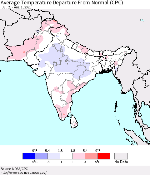Southern Asia Average Temperature Departure from Normal (CPC) Thematic Map For 7/26/2021 - 8/1/2021