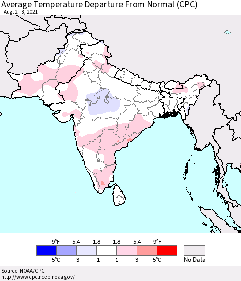 Southern Asia Average Temperature Departure from Normal (CPC) Thematic Map For 8/2/2021 - 8/8/2021
