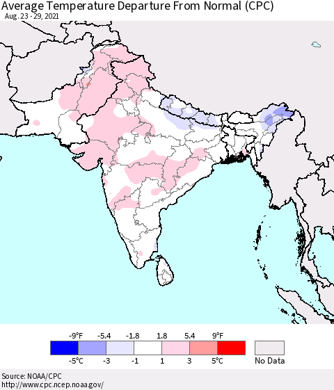 Southern Asia Average Temperature Departure from Normal (CPC) Thematic Map For 8/23/2021 - 8/29/2021
