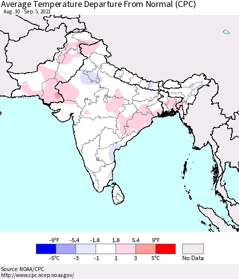 Southern Asia Average Temperature Departure from Normal (CPC) Thematic Map For 8/30/2021 - 9/5/2021