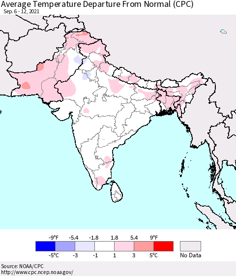 Southern Asia Average Temperature Departure from Normal (CPC) Thematic Map For 9/6/2021 - 9/12/2021