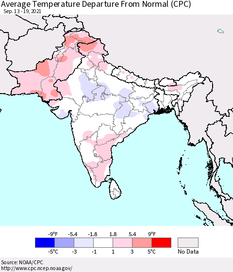 Southern Asia Average Temperature Departure from Normal (CPC) Thematic Map For 9/13/2021 - 9/19/2021