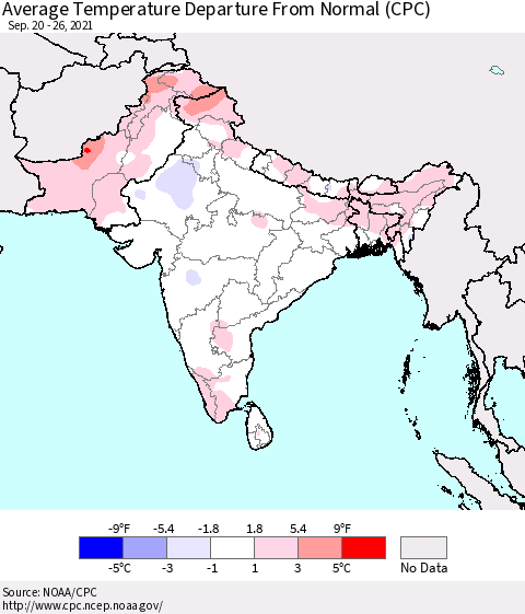 Southern Asia Average Temperature Departure from Normal (CPC) Thematic Map For 9/20/2021 - 9/26/2021