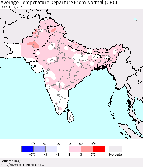 Southern Asia Average Temperature Departure from Normal (CPC) Thematic Map For 10/4/2021 - 10/10/2021