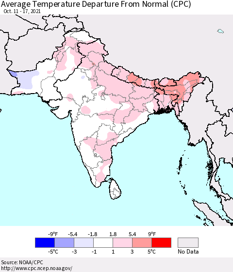 Southern Asia Average Temperature Departure from Normal (CPC) Thematic Map For 10/11/2021 - 10/17/2021