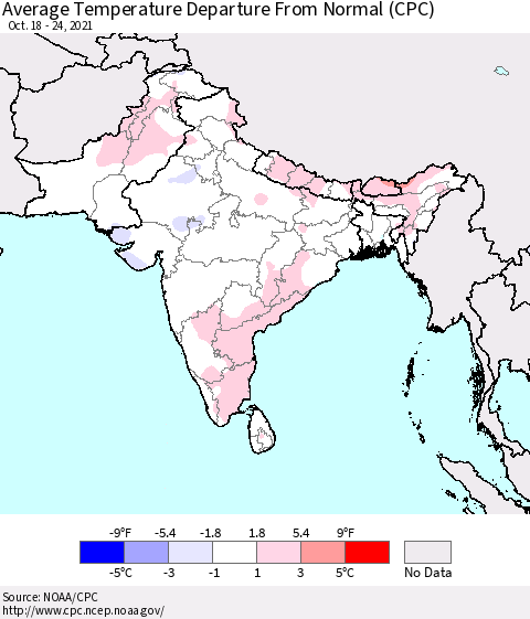 Southern Asia Average Temperature Departure from Normal (CPC) Thematic Map For 10/18/2021 - 10/24/2021