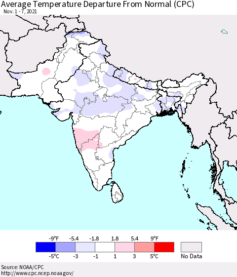 Southern Asia Average Temperature Departure from Normal (CPC) Thematic Map For 11/1/2021 - 11/7/2021