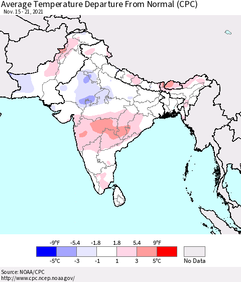 Southern Asia Average Temperature Departure from Normal (CPC) Thematic Map For 11/15/2021 - 11/21/2021