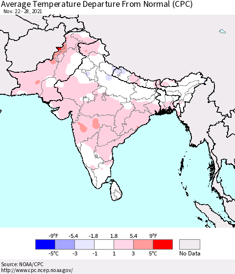 Southern Asia Average Temperature Departure from Normal (CPC) Thematic Map For 11/22/2021 - 11/28/2021