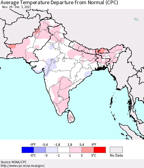 Southern Asia Average Temperature Departure from Normal (CPC) Thematic Map For 11/29/2021 - 12/5/2021