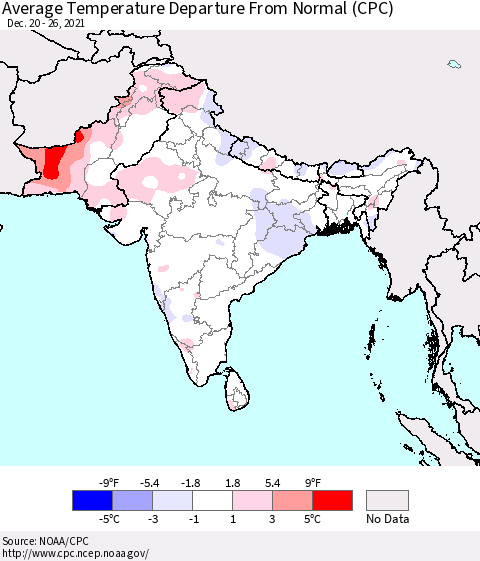 Southern Asia Average Temperature Departure from Normal (CPC) Thematic Map For 12/20/2021 - 12/26/2021