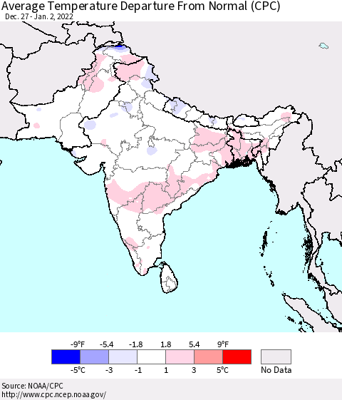 Southern Asia Average Temperature Departure From Normal (CPC) Thematic Map For 12/27/2021 - 1/2/2022