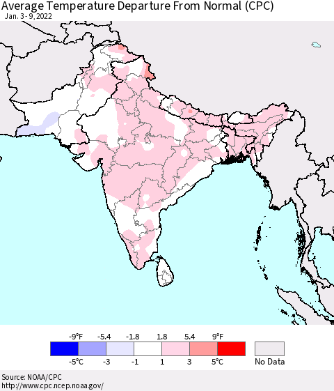Southern Asia Average Temperature Departure from Normal (CPC) Thematic Map For 1/3/2022 - 1/9/2022