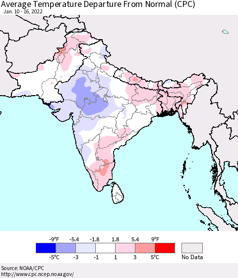 Southern Asia Average Temperature Departure from Normal (CPC) Thematic Map For 1/10/2022 - 1/16/2022