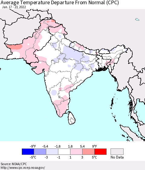 Southern Asia Average Temperature Departure from Normal (CPC) Thematic Map For 1/17/2022 - 1/23/2022