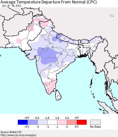 Southern Asia Average Temperature Departure from Normal (CPC) Thematic Map For 1/24/2022 - 1/30/2022