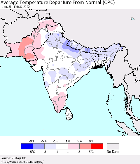 Southern Asia Average Temperature Departure from Normal (CPC) Thematic Map For 1/31/2022 - 2/6/2022