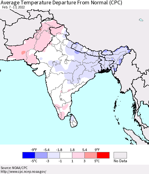 Southern Asia Average Temperature Departure from Normal (CPC) Thematic Map For 2/7/2022 - 2/13/2022