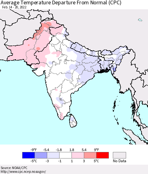 Southern Asia Average Temperature Departure from Normal (CPC) Thematic Map For 2/14/2022 - 2/20/2022
